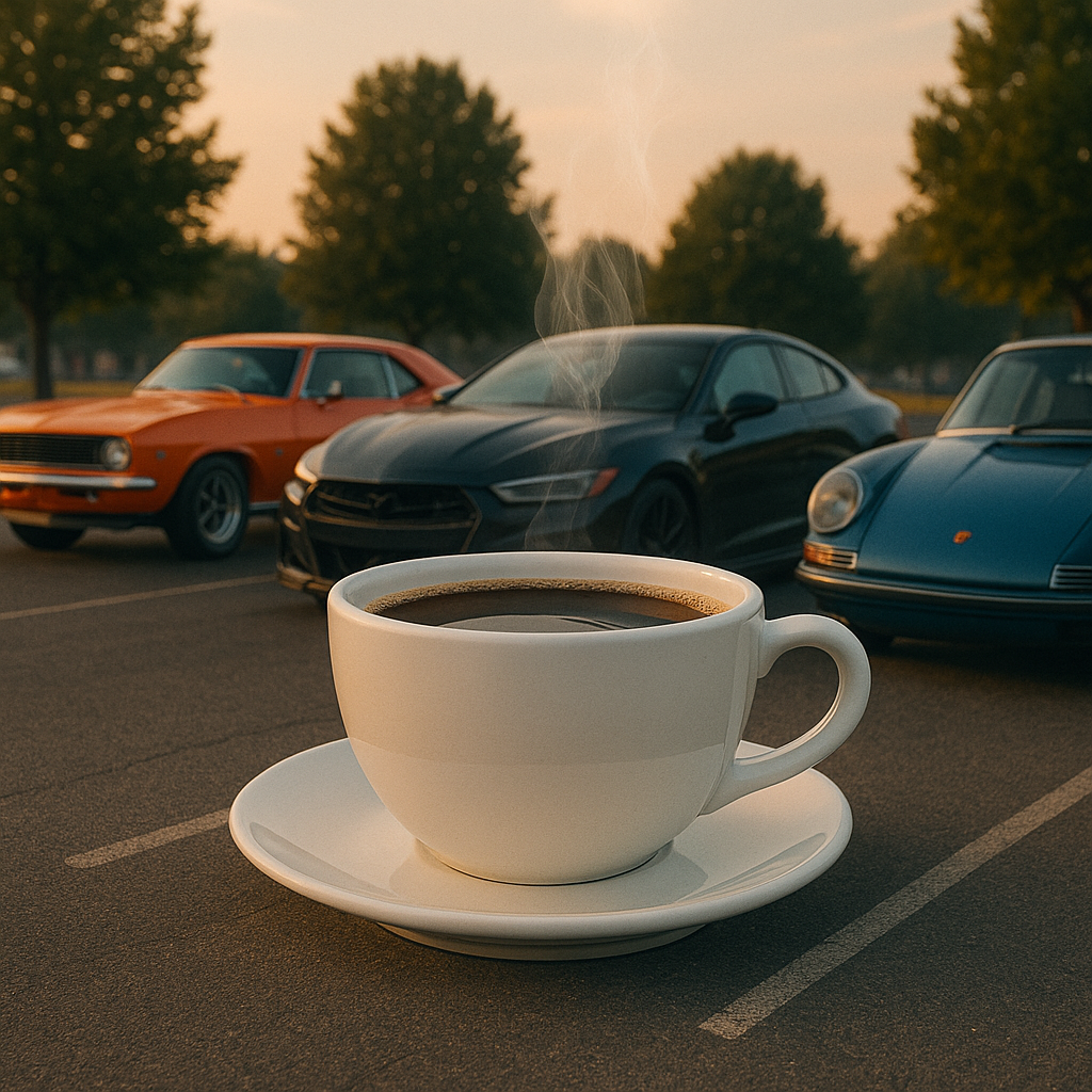 AI image of cars in a parking lot with a massive, oversized steaming cup of coffee in the foreground